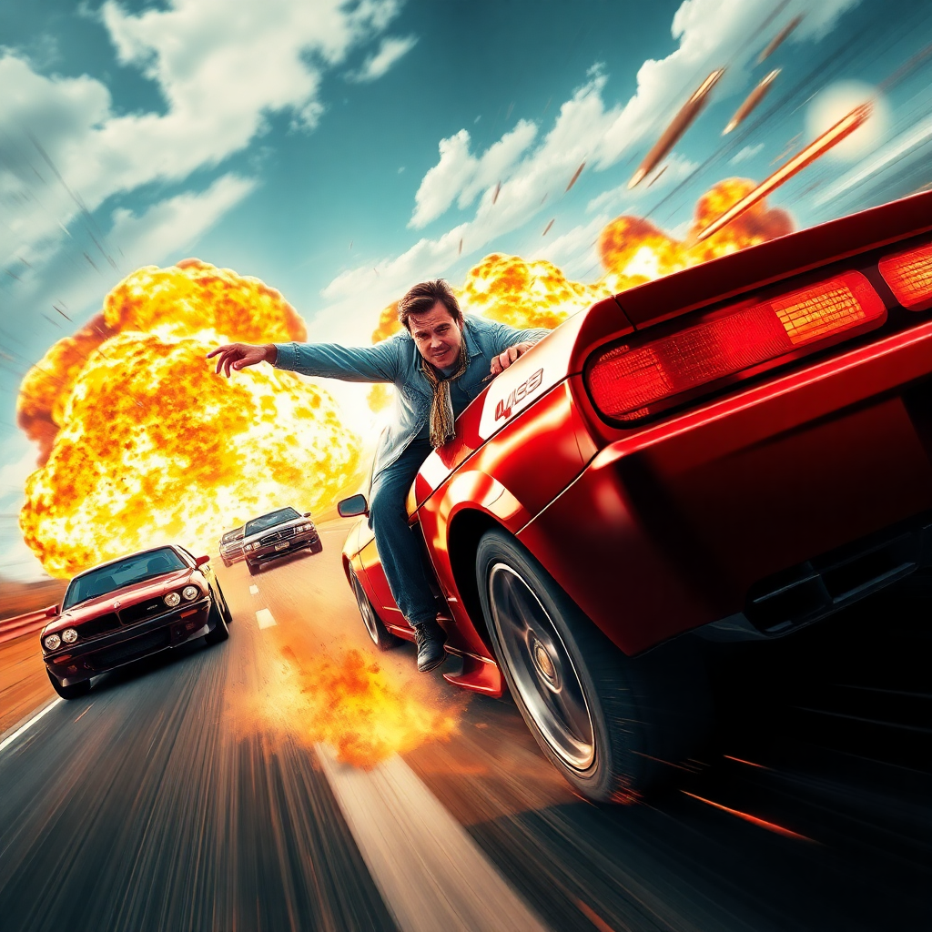 action movie poster, explosion, car chase, high speed