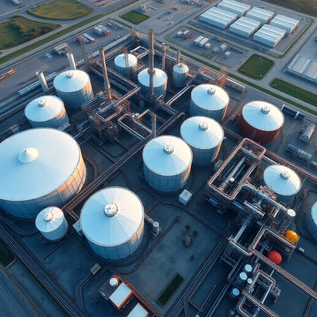 Industrial oil refinery complex with large storage tanks and processing units, aerial view, professional photography