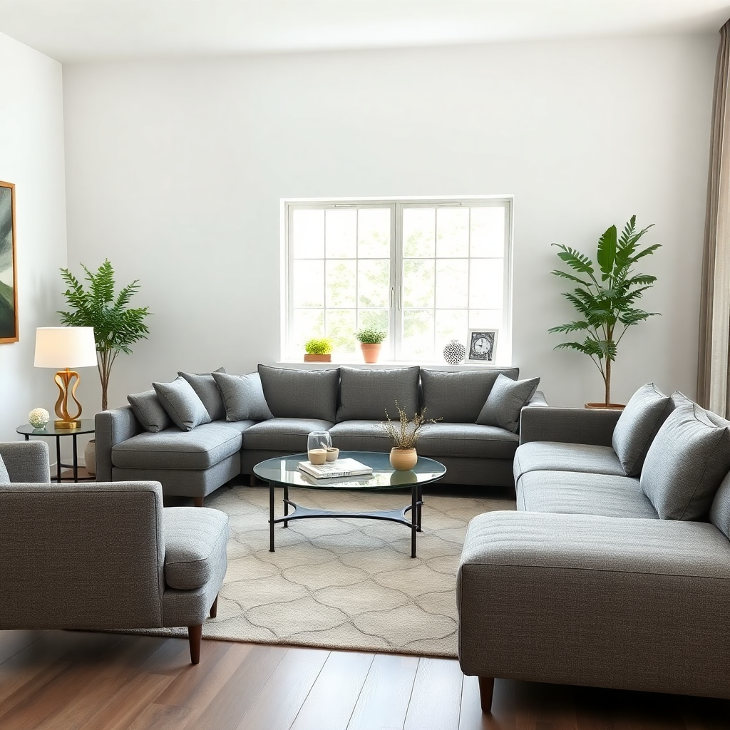 modern gray fabric sofa set in bright living room, furniture photography