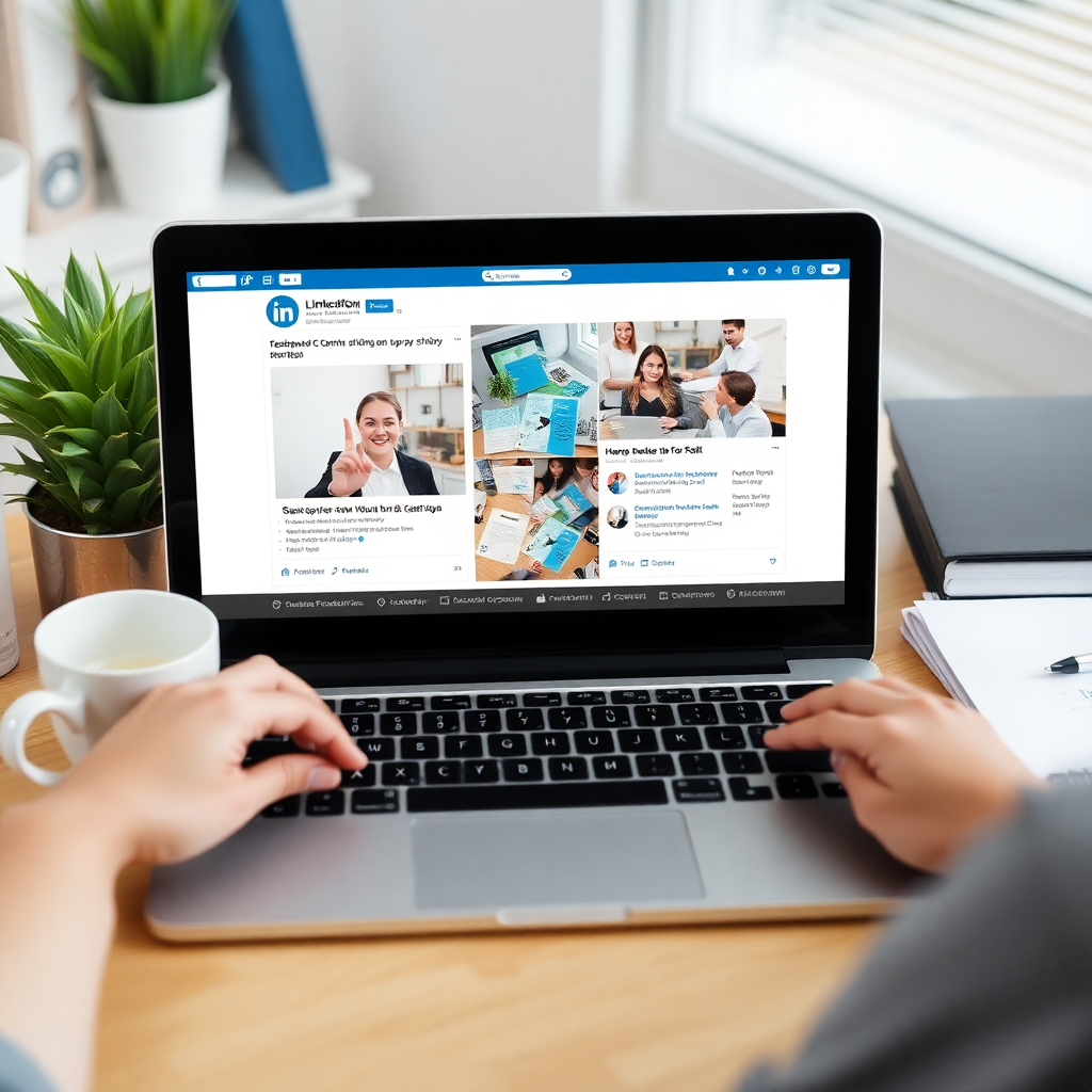 Social media content creation, LinkedIn Facebook posts, digital communication, professional workspace