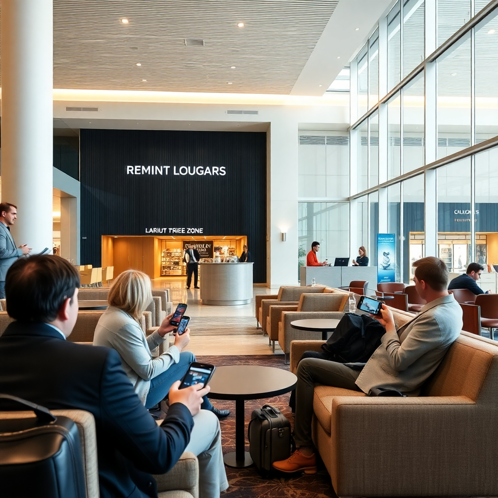 modern airport lounge with passengers using mobile devices for interactive experiences, comfortable seating areas, premium duty-free shopping zones, calm sophisticated atmosphere, natural lighting, contemporary design