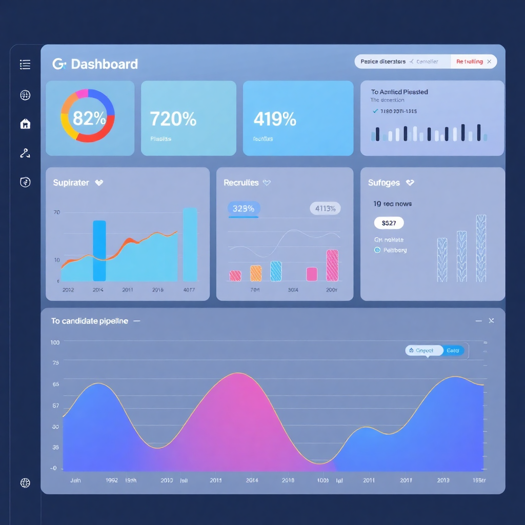 Dashboard showing automated recruiting metrics, candidate pipeline visualization, modern UI with gradients