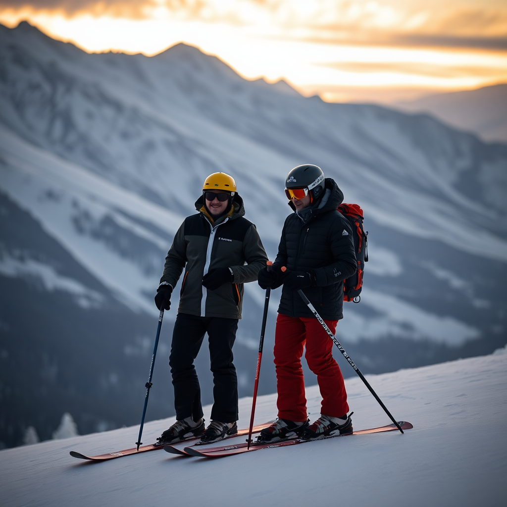 private ski instructor client Grandvalira Andorra mountain slope luxury editorial photography dark cinematic champagne gold tones professional ski lesson private
