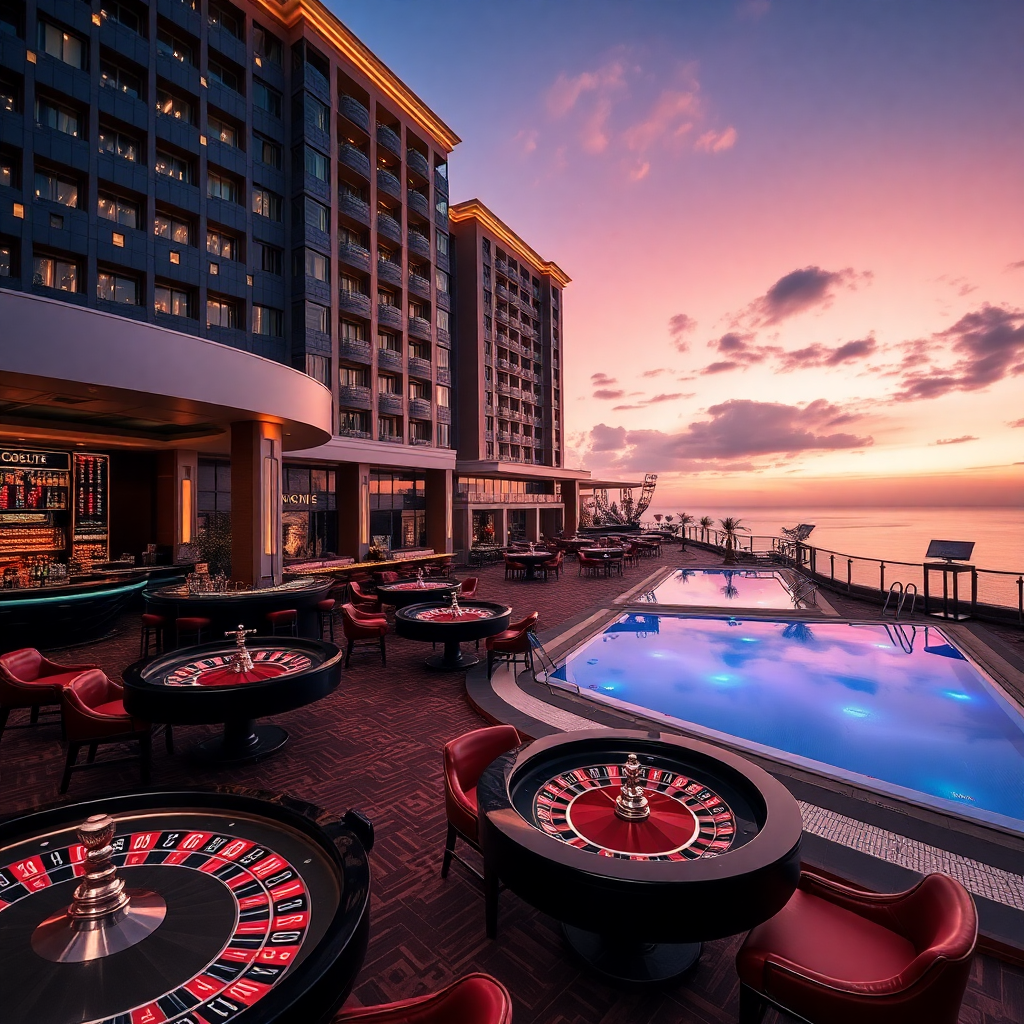 luxury casino resort with elegant roulette tables, cocktail bar, and hotel pool at dusk, cinematic lighting