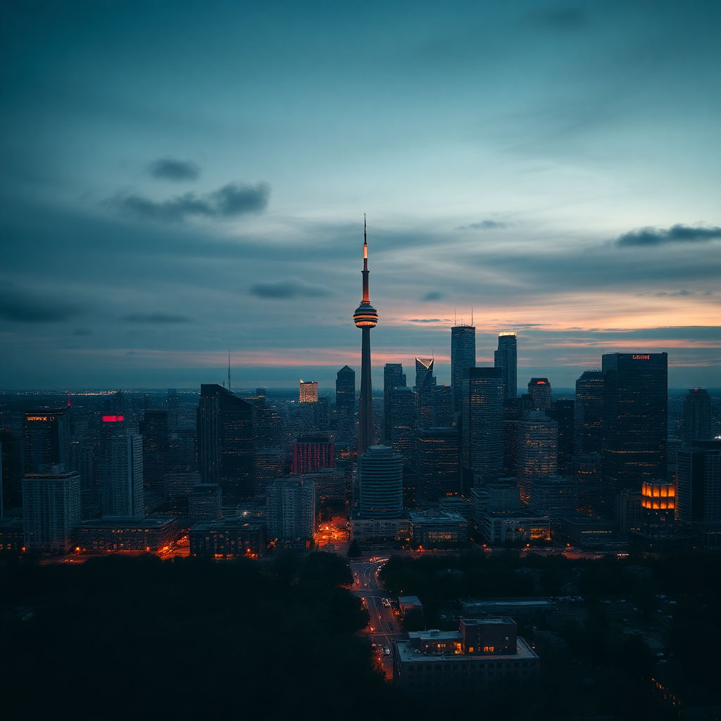 A wide panoramic view of a modern city skyline at dusk, Toronto, Canada, cinematic lighting, moody atmosphere