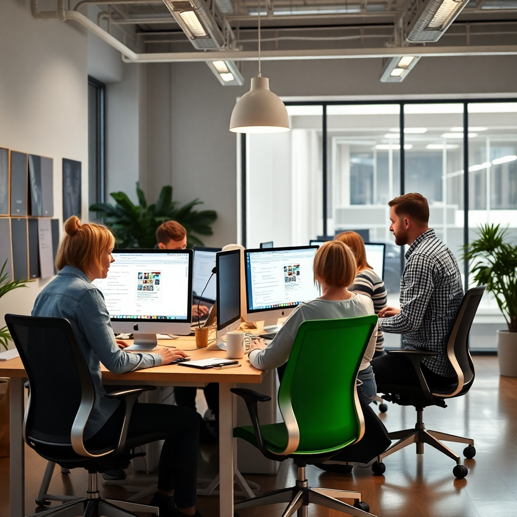 team of creative designers working together in a modern bright office, looking at screens, collaborative atmosphere