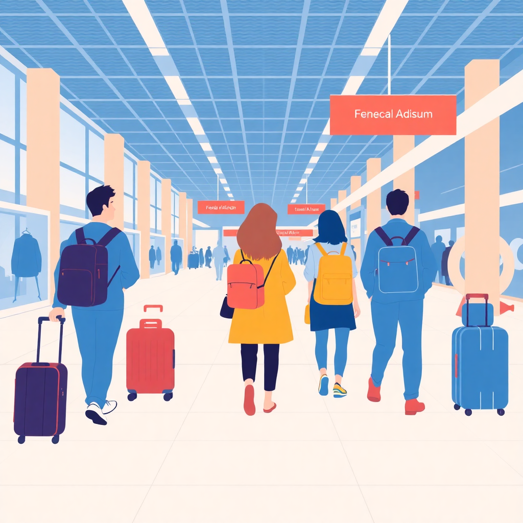 modern illustration of travelers with luggage at airport, minimalist blue and white style, premium fintech design