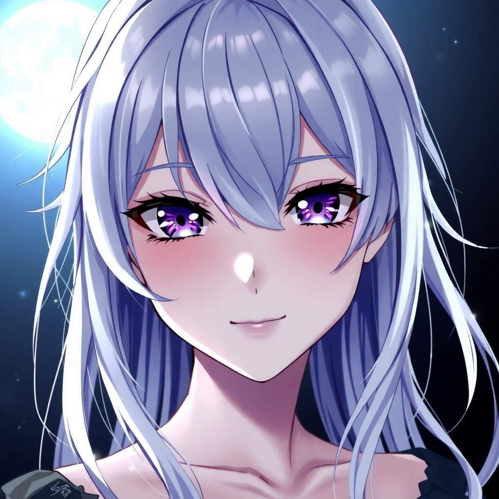 anime girl with silver hair, mysterious smile, purple eyes, elegant, moonlight, portrait