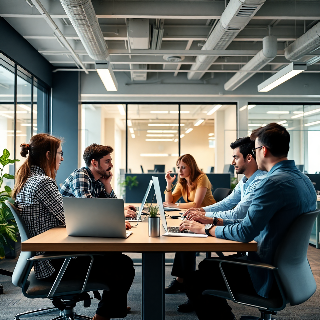 team collaboration, office workspace, developers working together, modern corporate