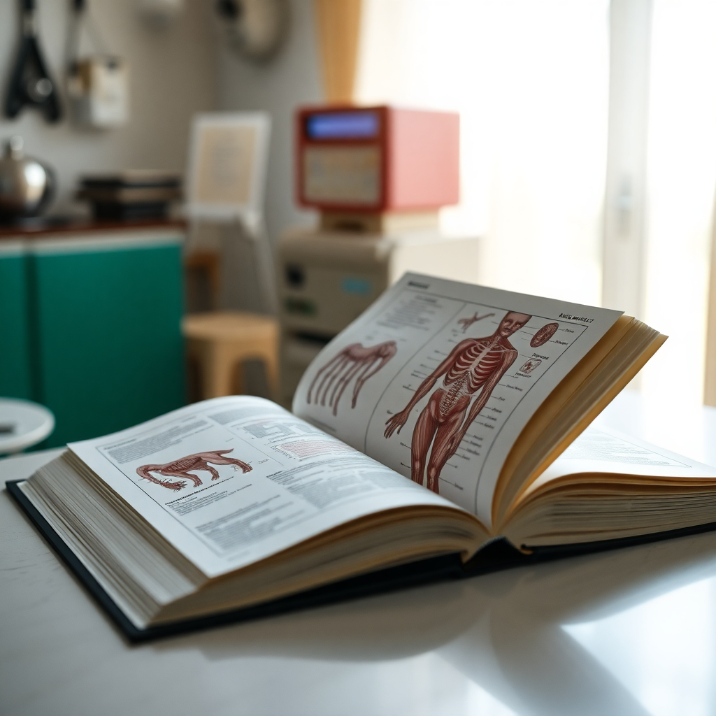 medical textbook with anatomical diagrams open on desk, clinical environment, natural lighting, professional medical education setting