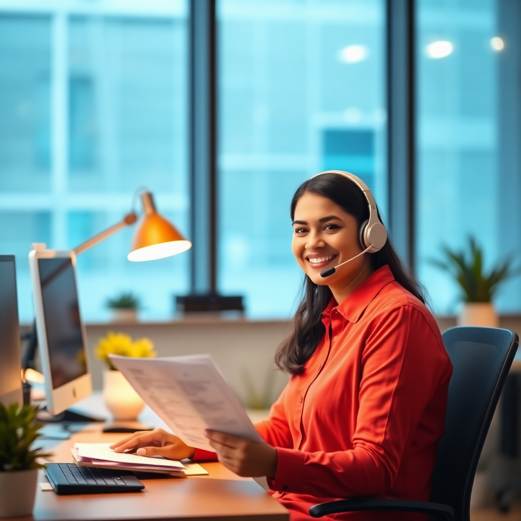 professional Indian customer support agent in modern office workspace
