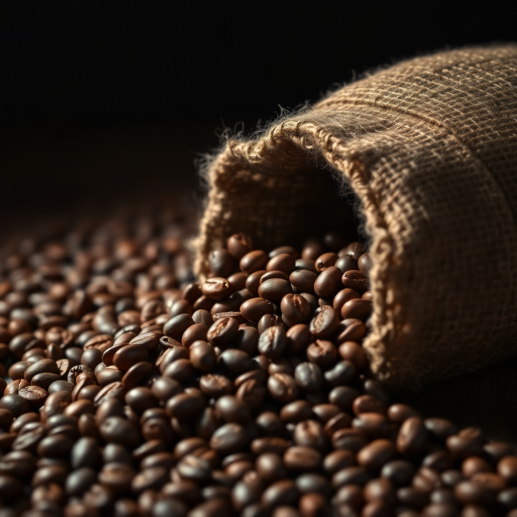 Freshly roasted Dominican coffee beans spilling from a burlap sack.