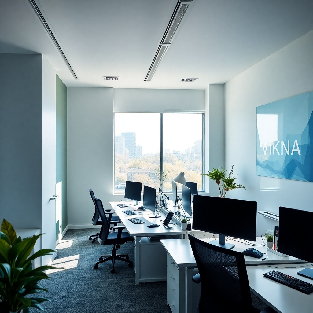 Wide shot of a window company office space with desks, computers, and VIKNA branding on the wall, natural light