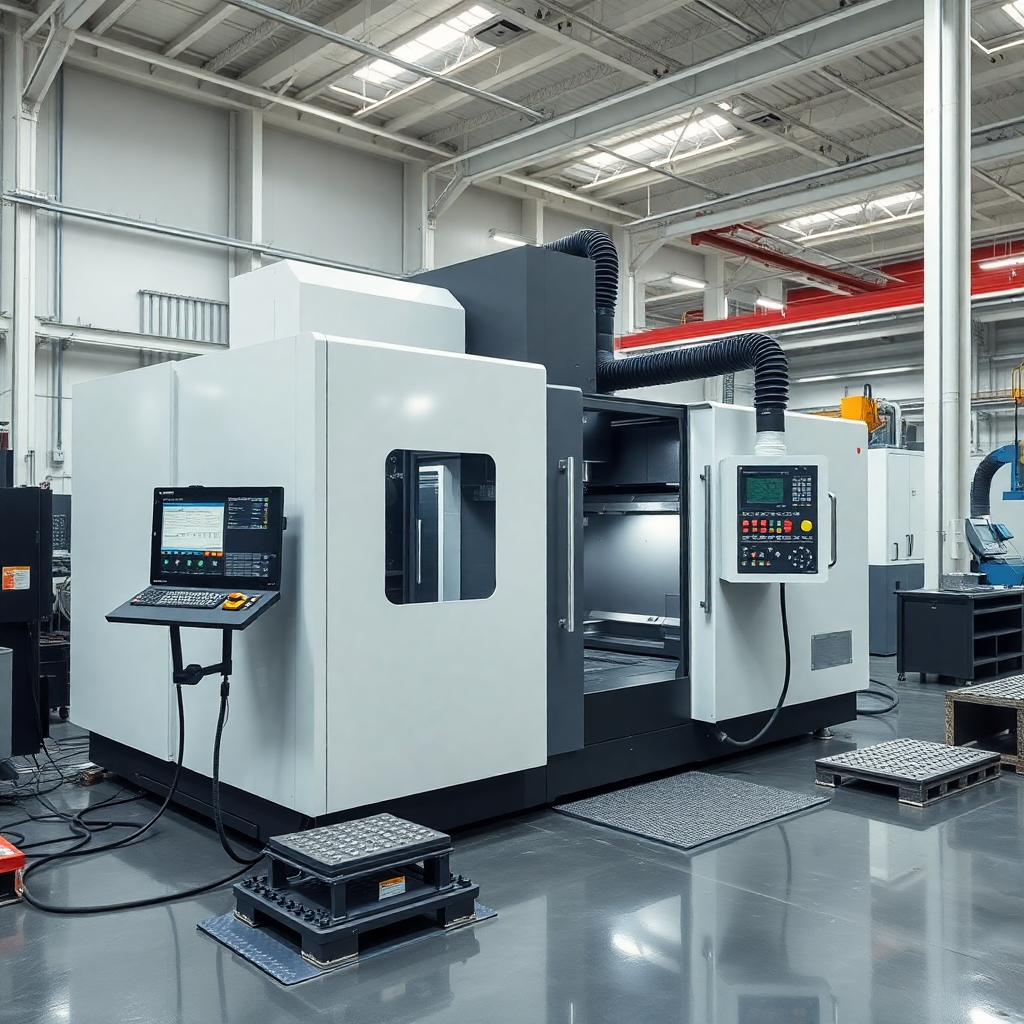 high-tech CNC machining center, precision manufacturing equipment, industrial factory floor, modern metalworking machinery