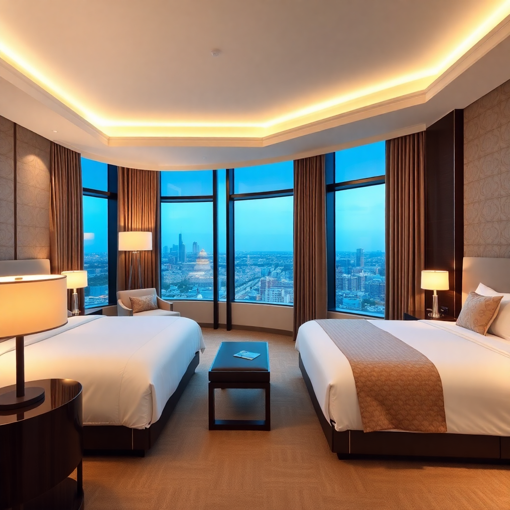 luxury hotel deluxe king room with elegant decor, neutral colors, large windows, professional hotel photography