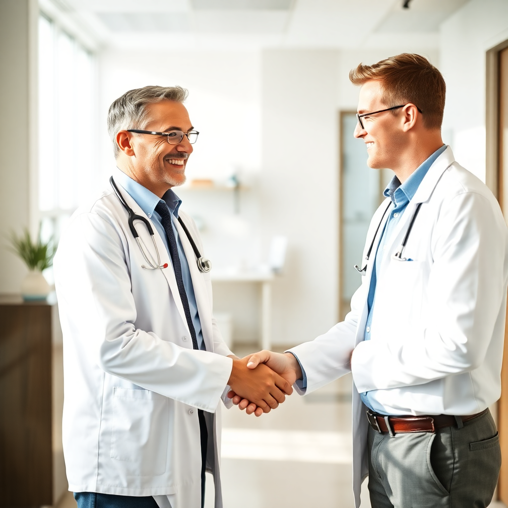 warm professional healthcare executives shaking hands and smiling in bright modern medical office environment, natural lighting, authentic interaction