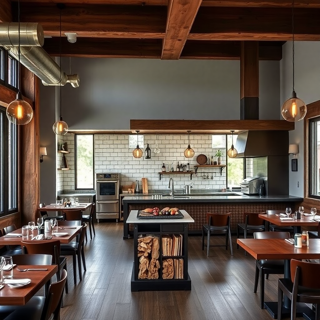 modern rustic restaurant interior with open kitchen and wood-fired grill
