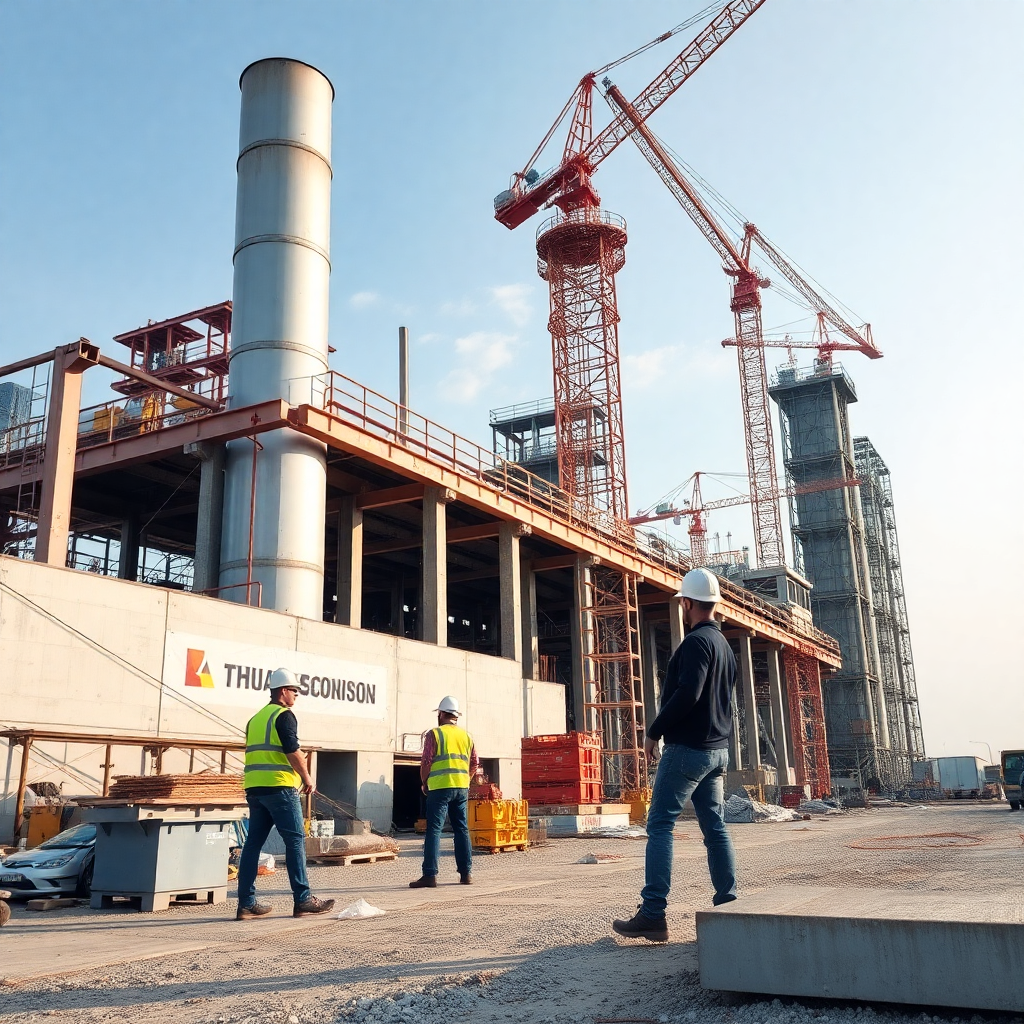 industrial construction site with engineers and EPC contractors, modern infrastructure project under development, professional engineering environment