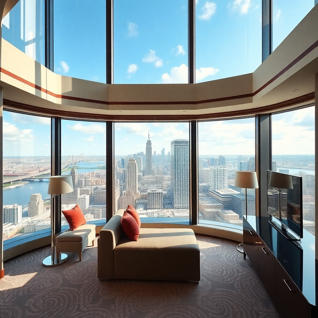 luxury hotel suite with city view floor to ceiling windows