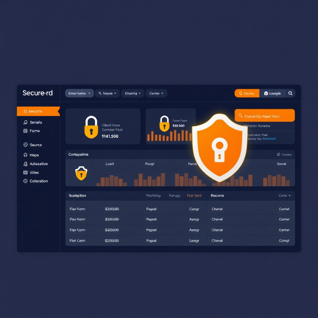 veilig e-commerce platform dashboard met encryptie sloten, beveiligingsschilden, moderne interface, donker thema met oranje accenten