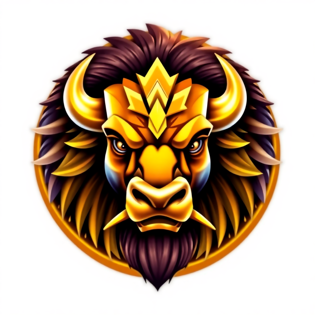 casino slot game icon buffalo king, golden buffalo head, fierce, vibrant colors