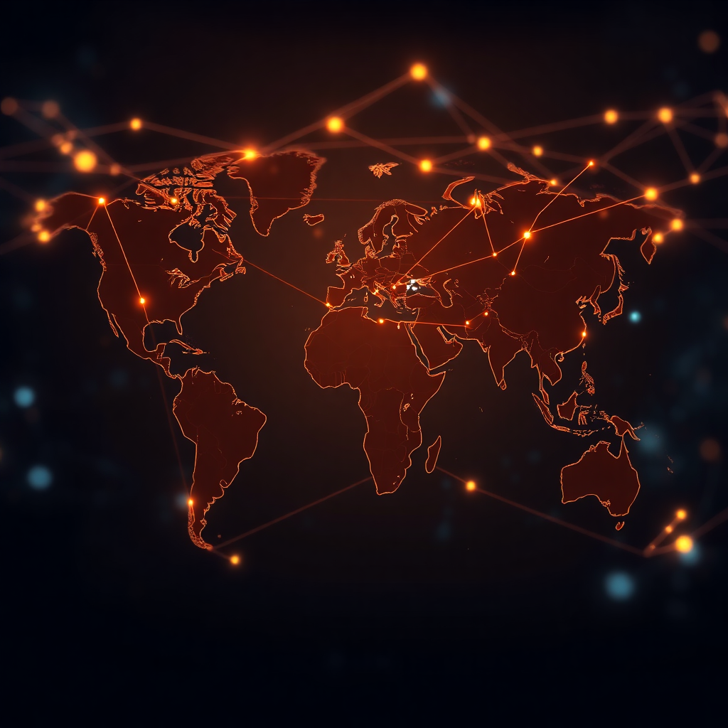 global business network connections across continents, world map with glowing lines, luxury corporate background, cinematic photography