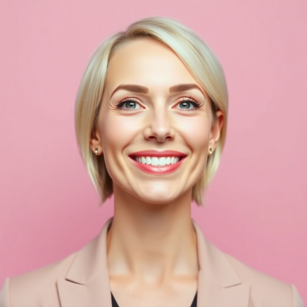 Headshot of a female entrepreneur with short blonde hair, smiling, wearing a blazer against a soft pink studio background.