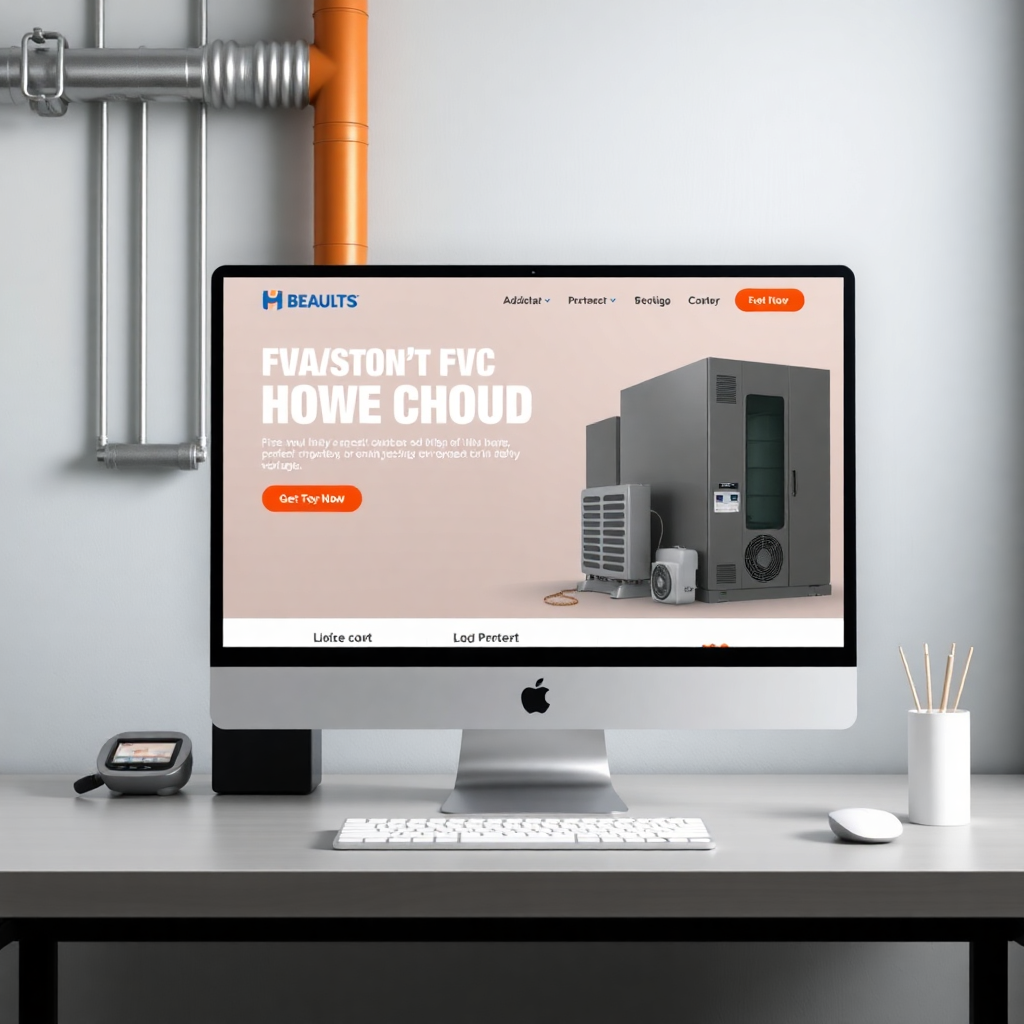 professional HVAC company website design, industrial modern aesthetic, desktop mockup, bold typography