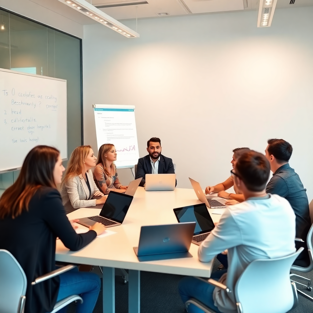 diverse team meeting in a modern conference room with whiteboard and laptops, engaged in discussion