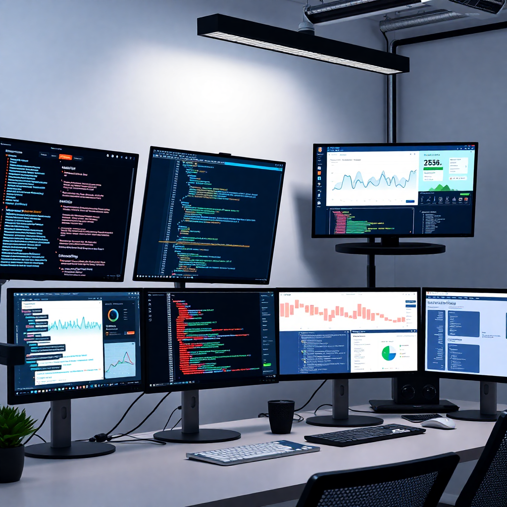 modern tech workspace with multiple screens showing code, analytics dashboards, and design interfaces, professional lighting, clean minimal style