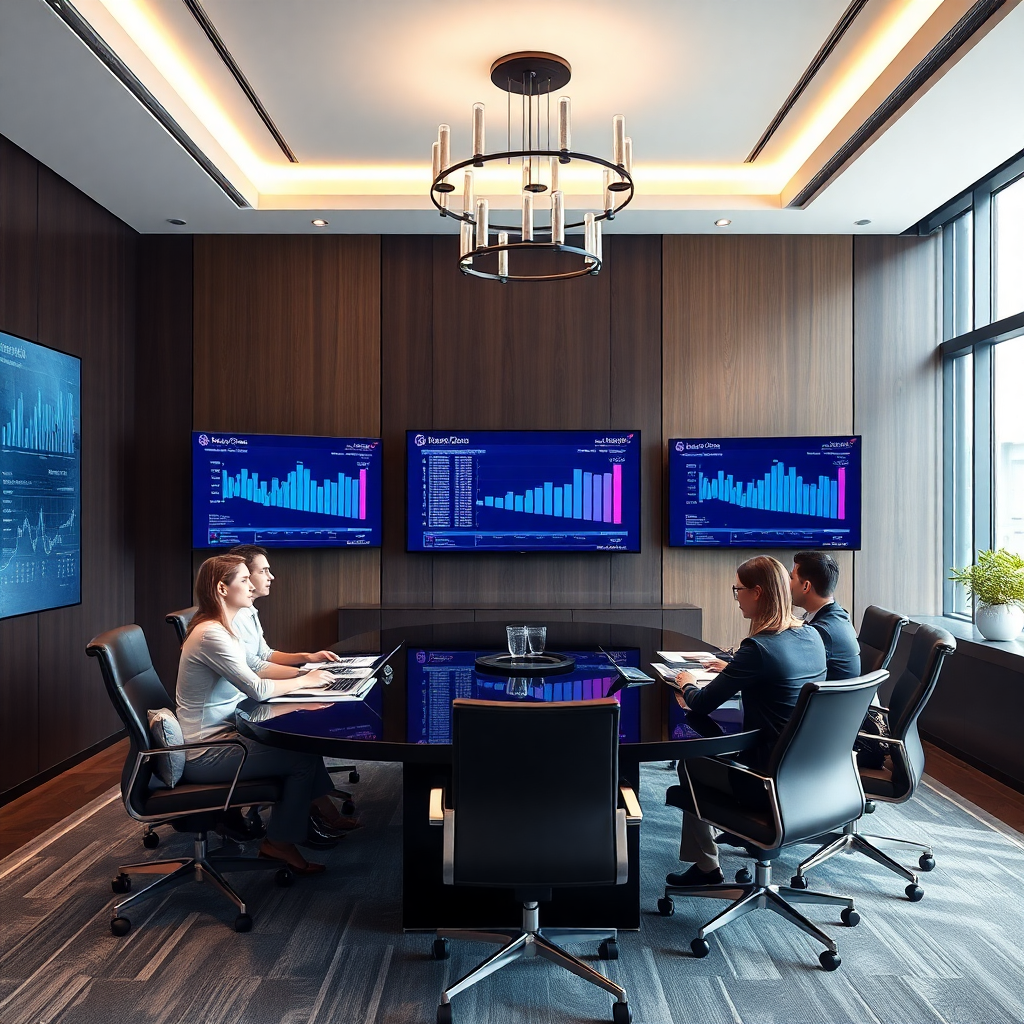 modern business strategy planning session with data analytics on screens, luxury boardroom, professional corporate photography