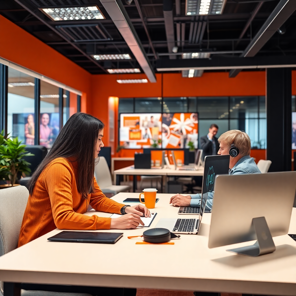 modern AI technology office workspace, team collaboration, innovative environment, professional setting with orange and black color scheme