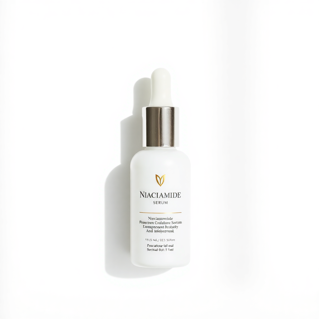 niacinamide serum bottle, elegant minimalist design, white background, luxury skincare photography