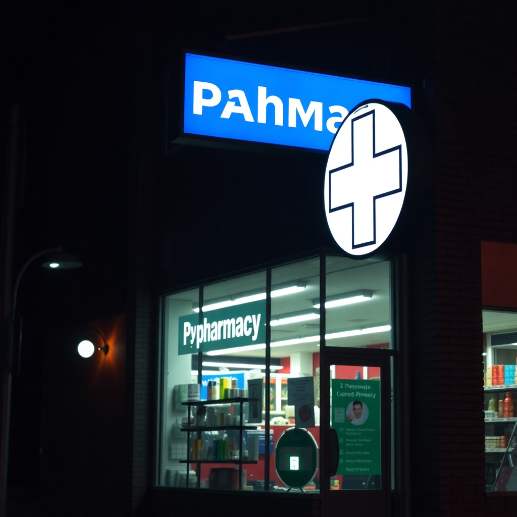 pharmacy storefront with bright lighting and medical cross sign at night
