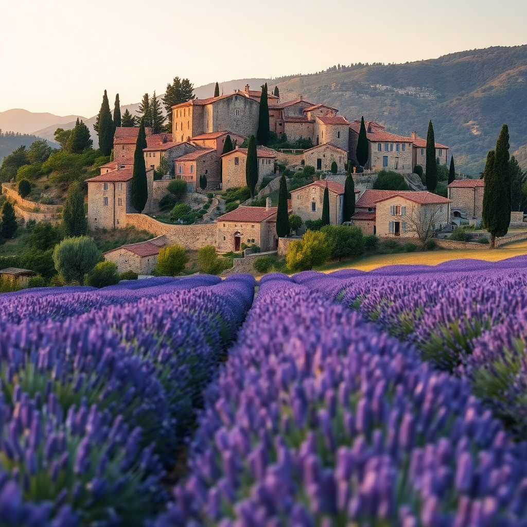 Luberon hilltop village, lavender fields, cypress trees, stone houses, golden light, Provence landscape, photographic style