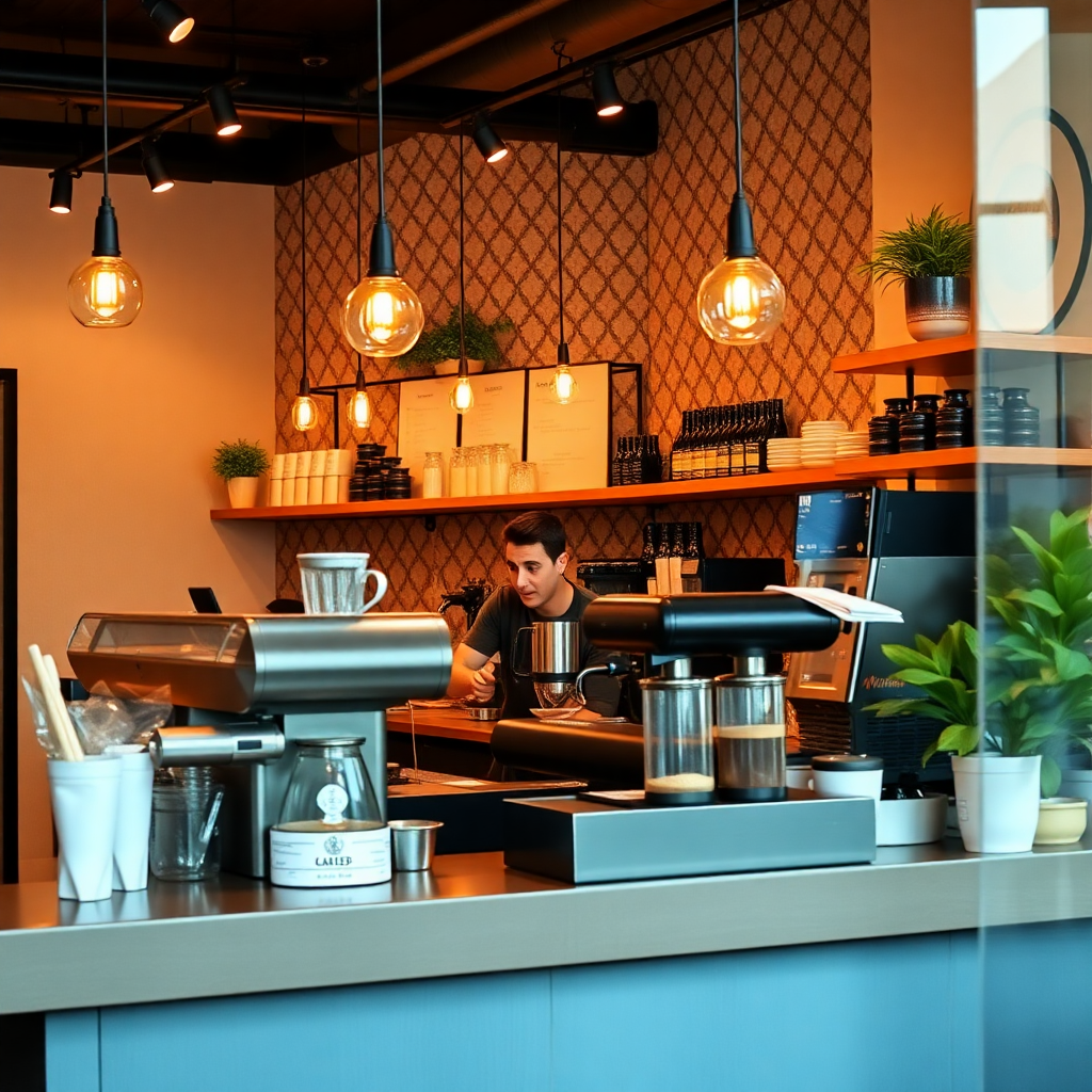 modern coffee shop interior with barista making coffee, cozy cafe atmosphere