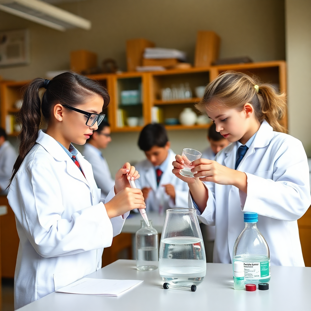 school science laboratory with students conducting experiments