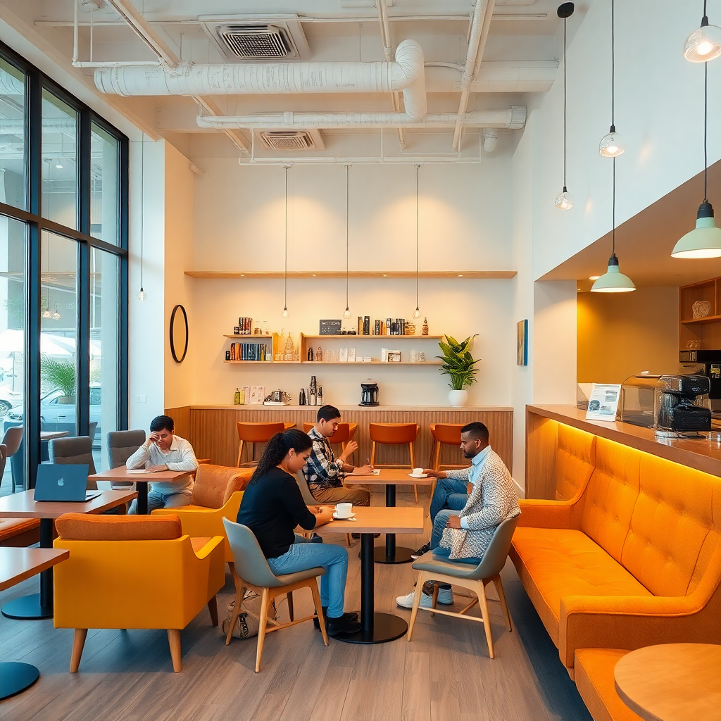 modern cafe interior with comfortable seating, laptops, coffee bar, warm lighting