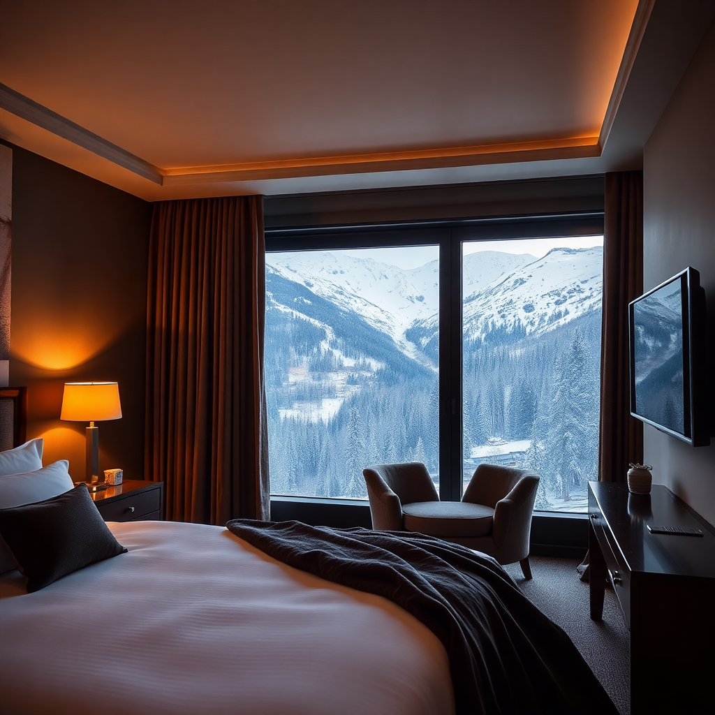 luxury alpine hotel room Sport Hotel Hermitage Soldeu Andorra interior warm elegant mountain view winter editorial photography dark cinematic champagne gold tones ski hotel bedroom suite
