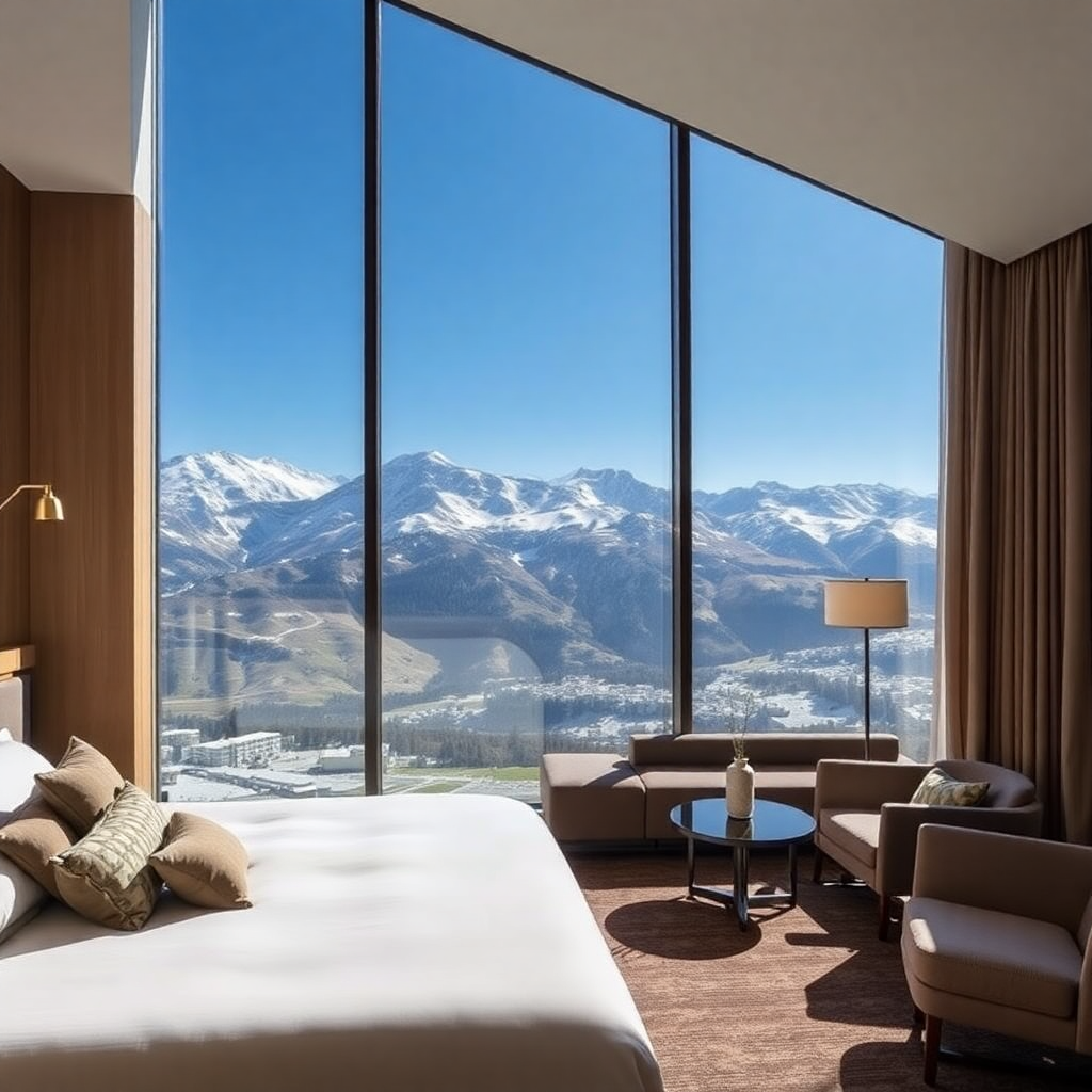 luxury five star hotel suite Andorra modern interior mountain panorama premium accommodation editorial photography