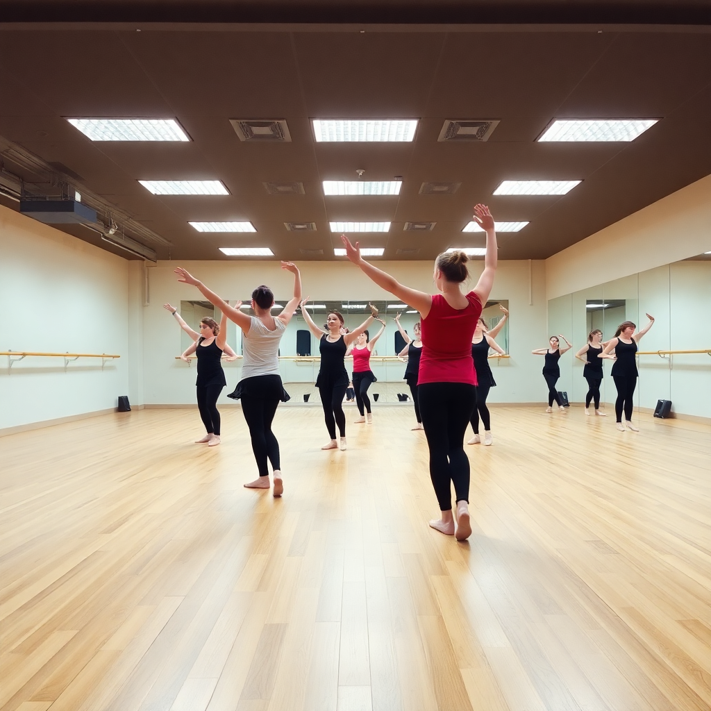 modern dance studio with mirrors, students practicing dance, wooden floor, bright and spacious