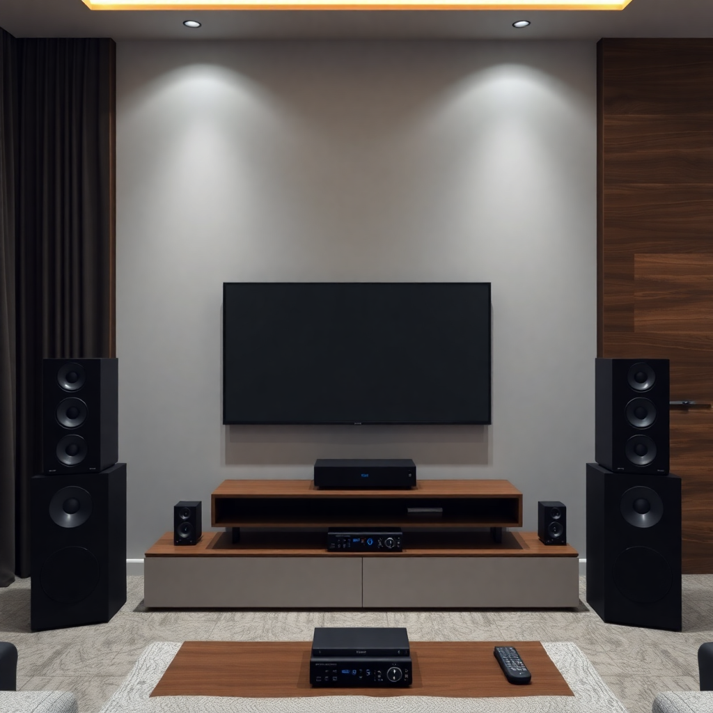modern home theater setup with surround sound speakers and wireless audio streaming