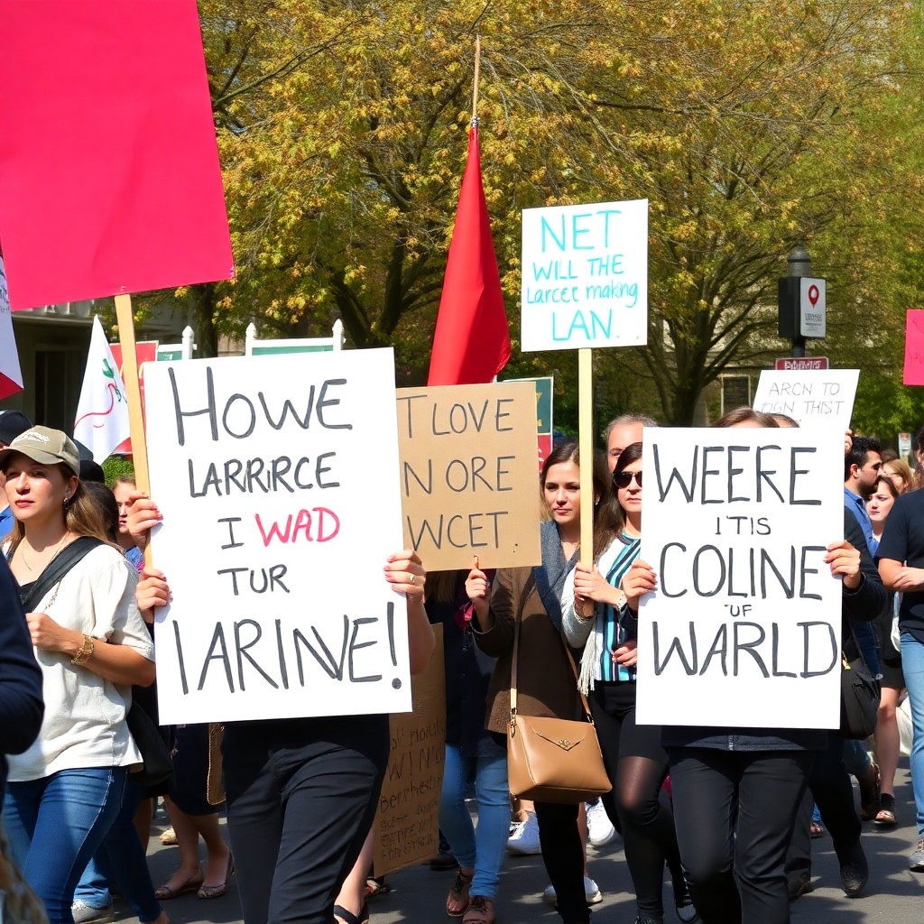 peaceful march with protesters holding signs, community solidarity march, people walking together