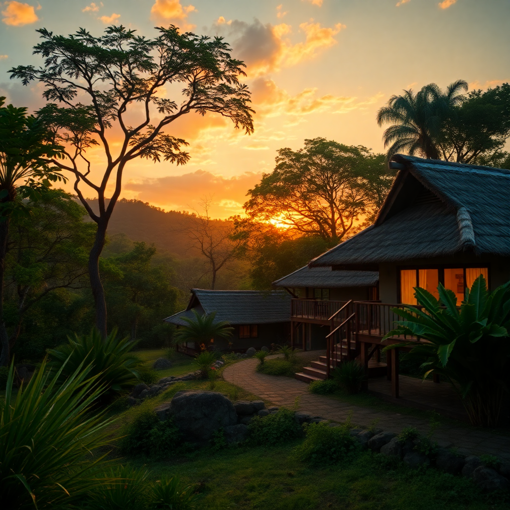 lush tropical landscape Madagascar, traditional eco lodge architecture, ravinala trees, sunset golden hour, warm lighting, cinematic wide shot