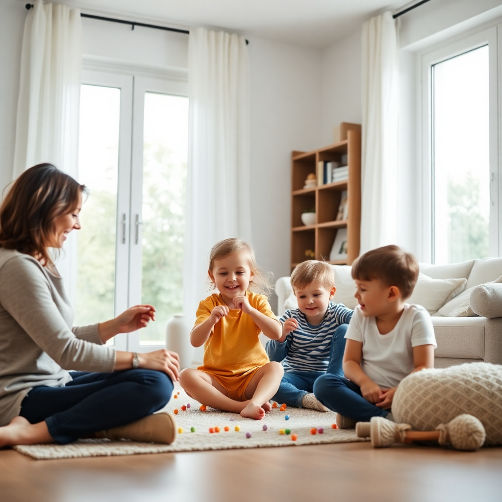 happy family with children playing in clean modern home interior, bright natural lighting, safe environment, professional photography