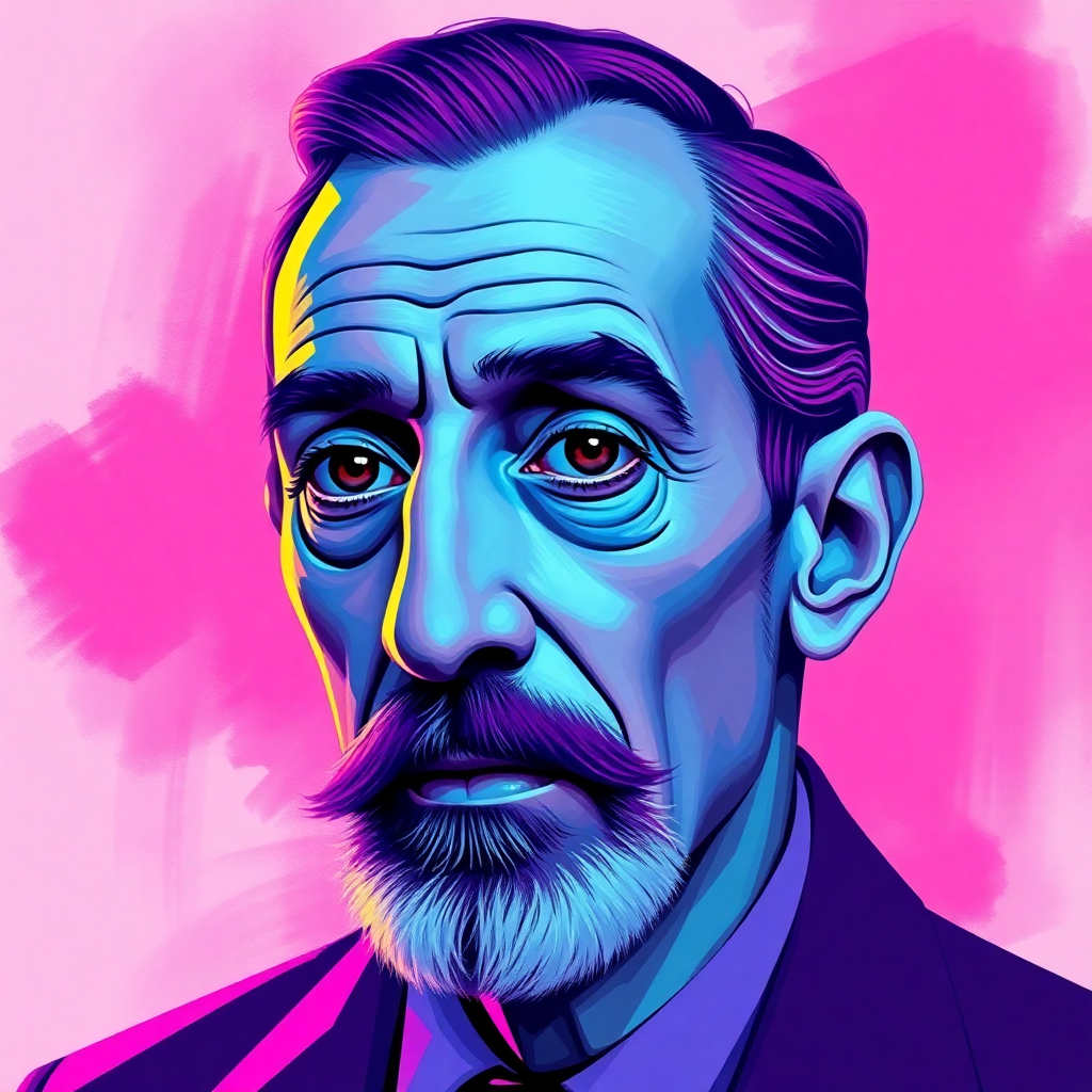 High-quality modern artistic portrait of Pablo Picasso, vibrant candy colors, neon pink and purple accents, digital art style, creative and expressive muse concept