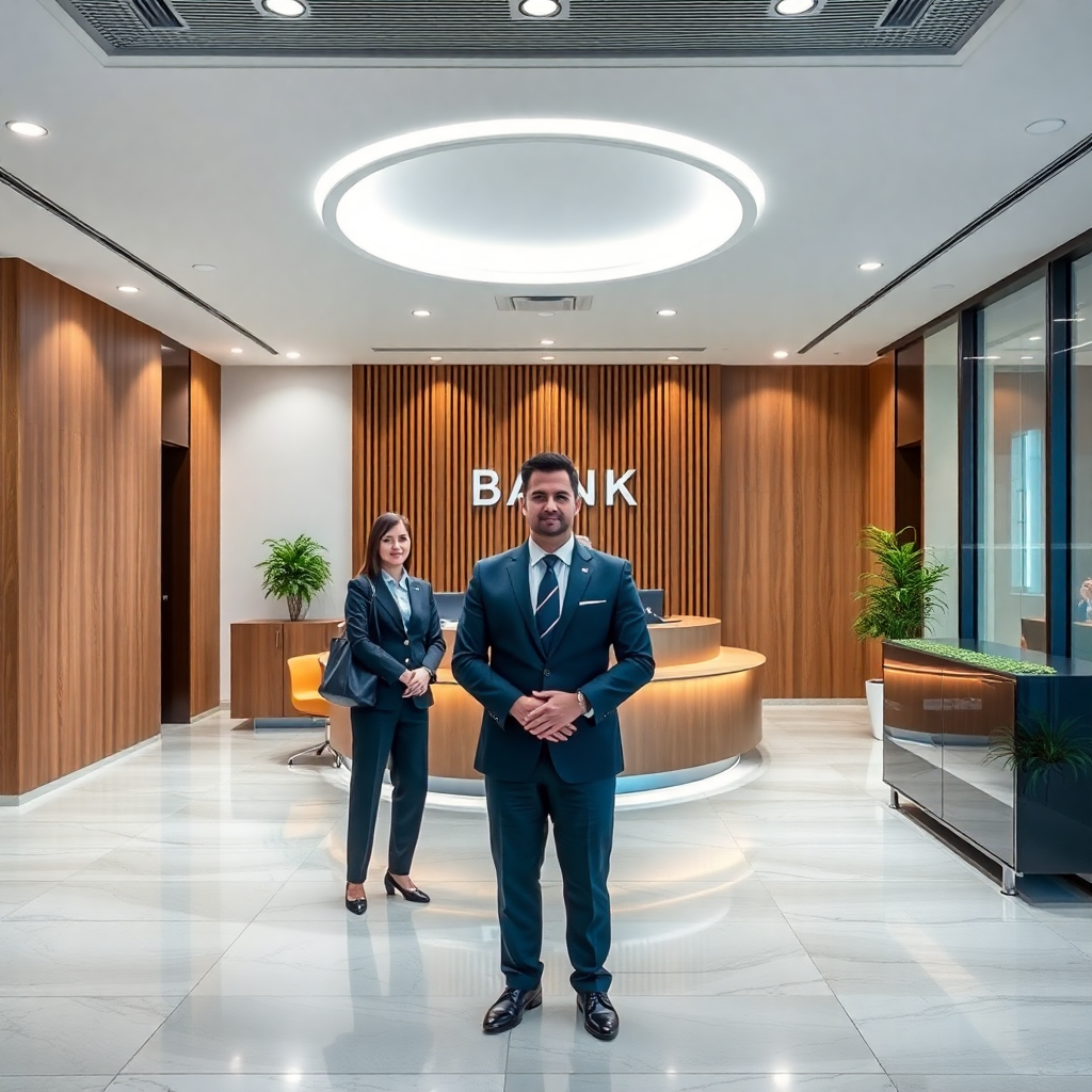 modern bank office interior, professional staff