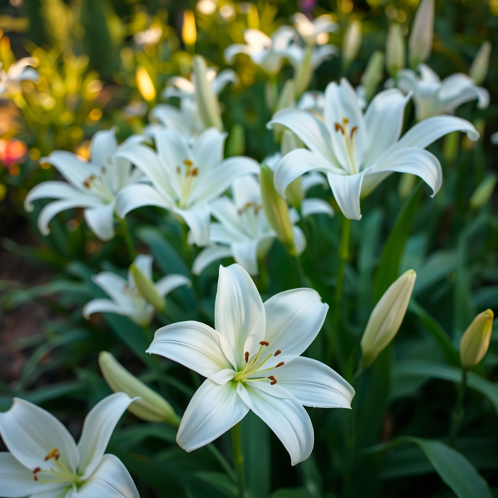 white lilies in a garden, soft lighting, peaceful atmosphere, symbolic purity