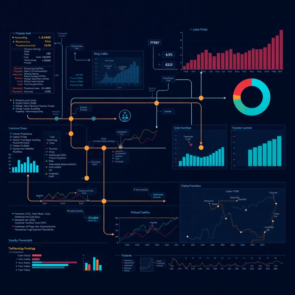 ETL pipeline visualization with data flow and forecasting charts, python code, professional