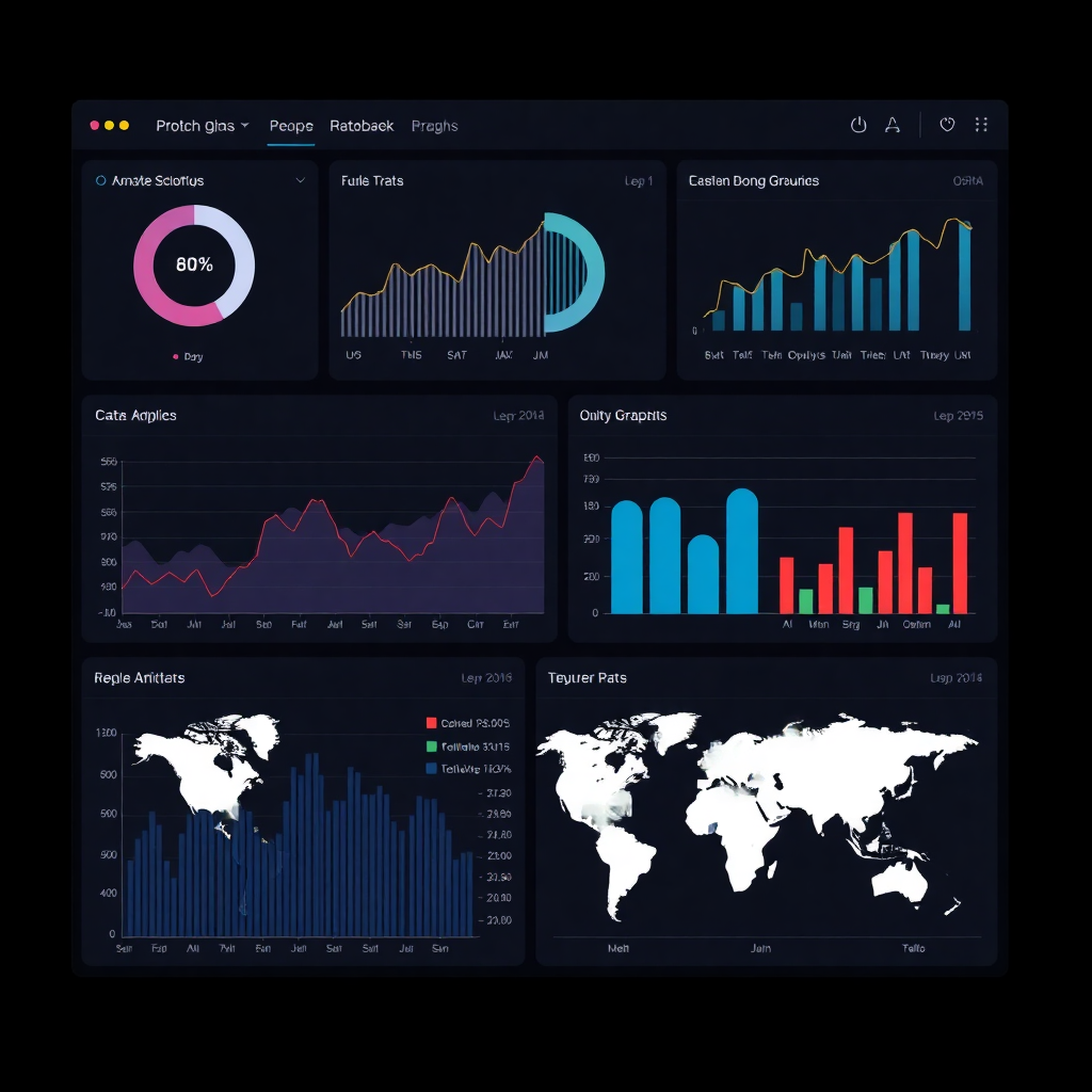 data analytics dashboard, charts and graphs, business intelligence interface, dark modern ui